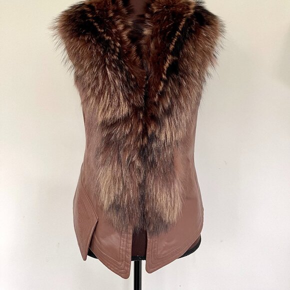NWOT Tan Brown Leather Vest Real Fox Fur XS size - Picture 11 of 16